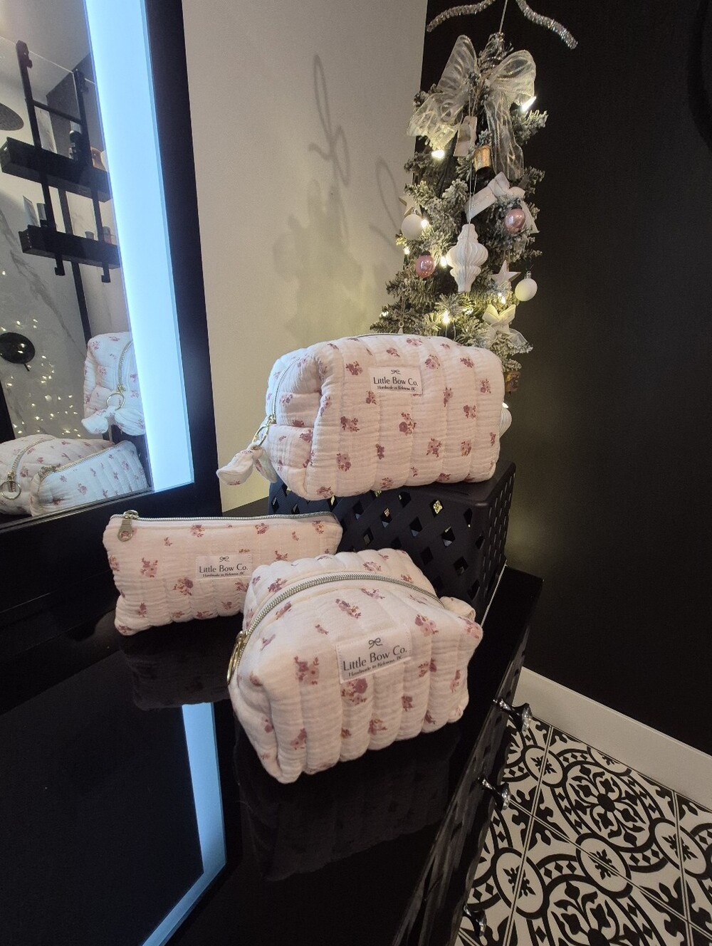 Cream Floral Quilted Cosmetics- 3 Piece Pouch SET
